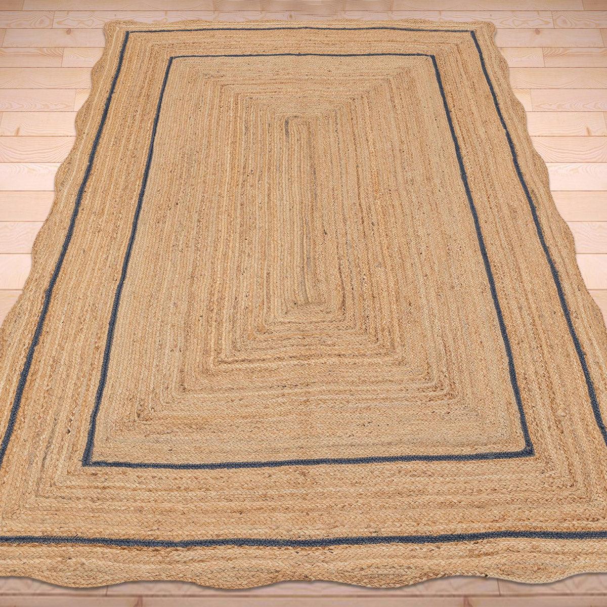 Hand Braided Beige Navyblue Geometric Outdoor Jute Rugs