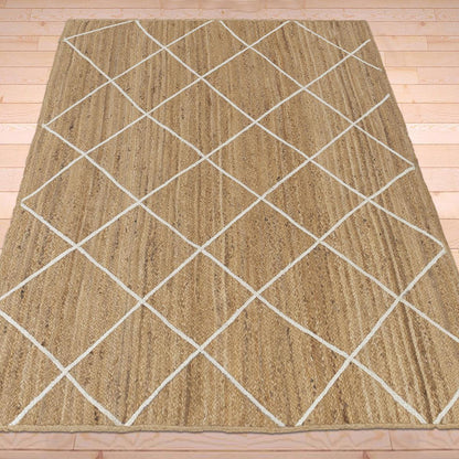 Hand Braided Beige White Geometric Outdoor Farmhouse Jute Rugs