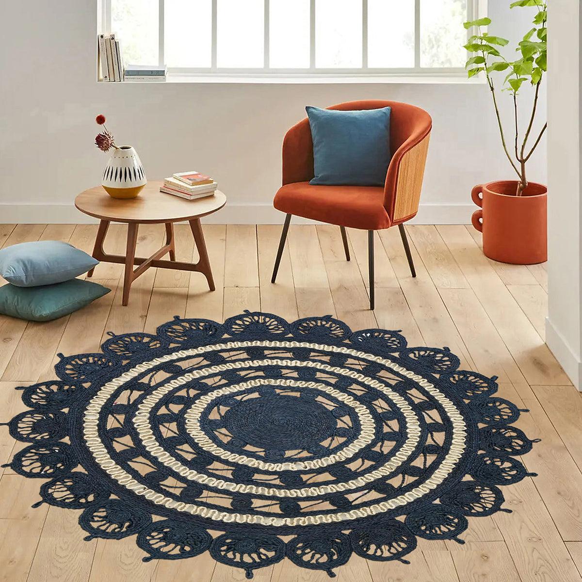 Trendy Blue Hand Braided Round Jute Rugs