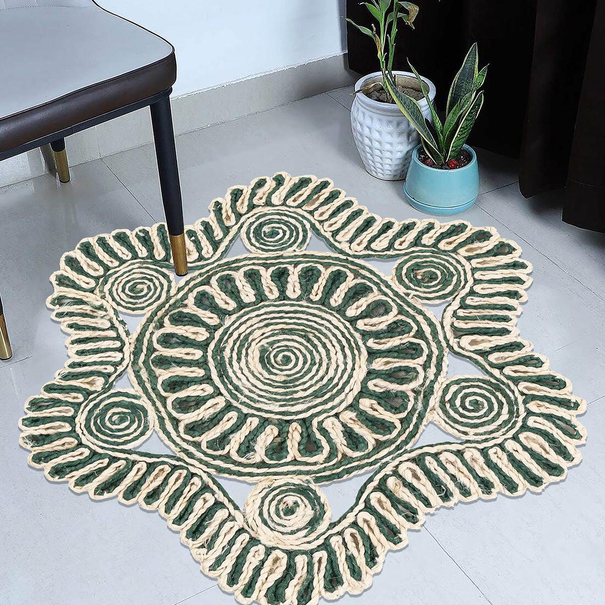 Green Hand Braided Entrance Beige Round Jute Rugs