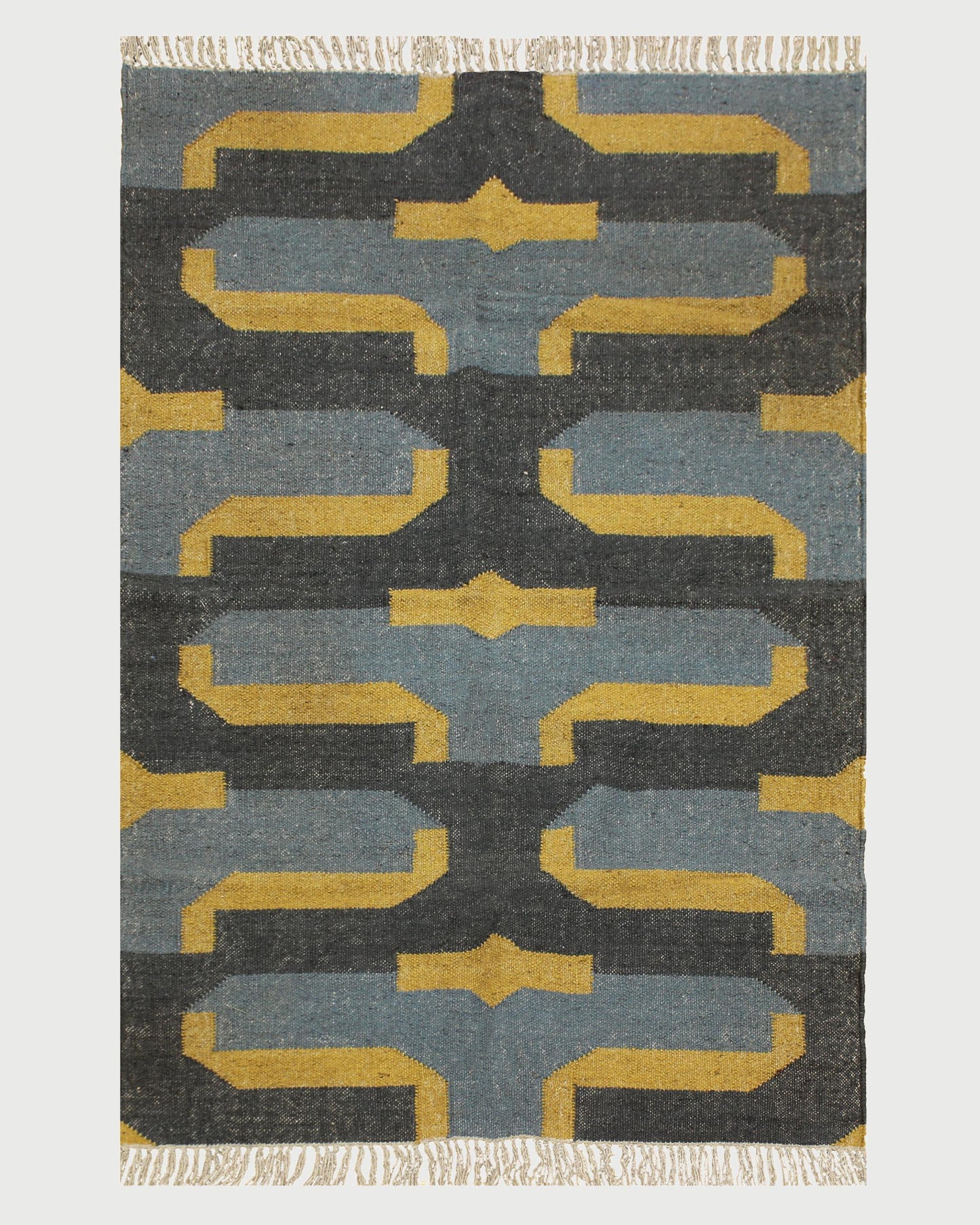 Indian Hand Woven Geometric Black Yellow Trendy Wool Jute Rug