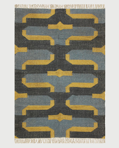 Indian Hand Woven Geometric Black Yellow Trendy Wool Jute Rug