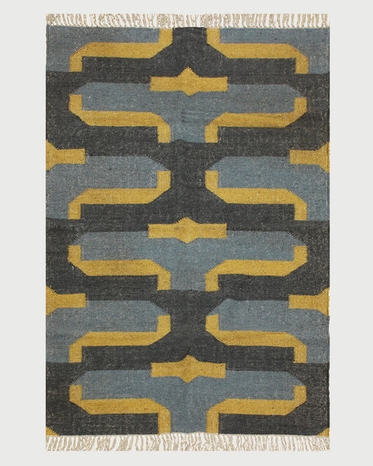 Indian Hand Woven Geometric Black Yellow Trendy Wool Jute Rug