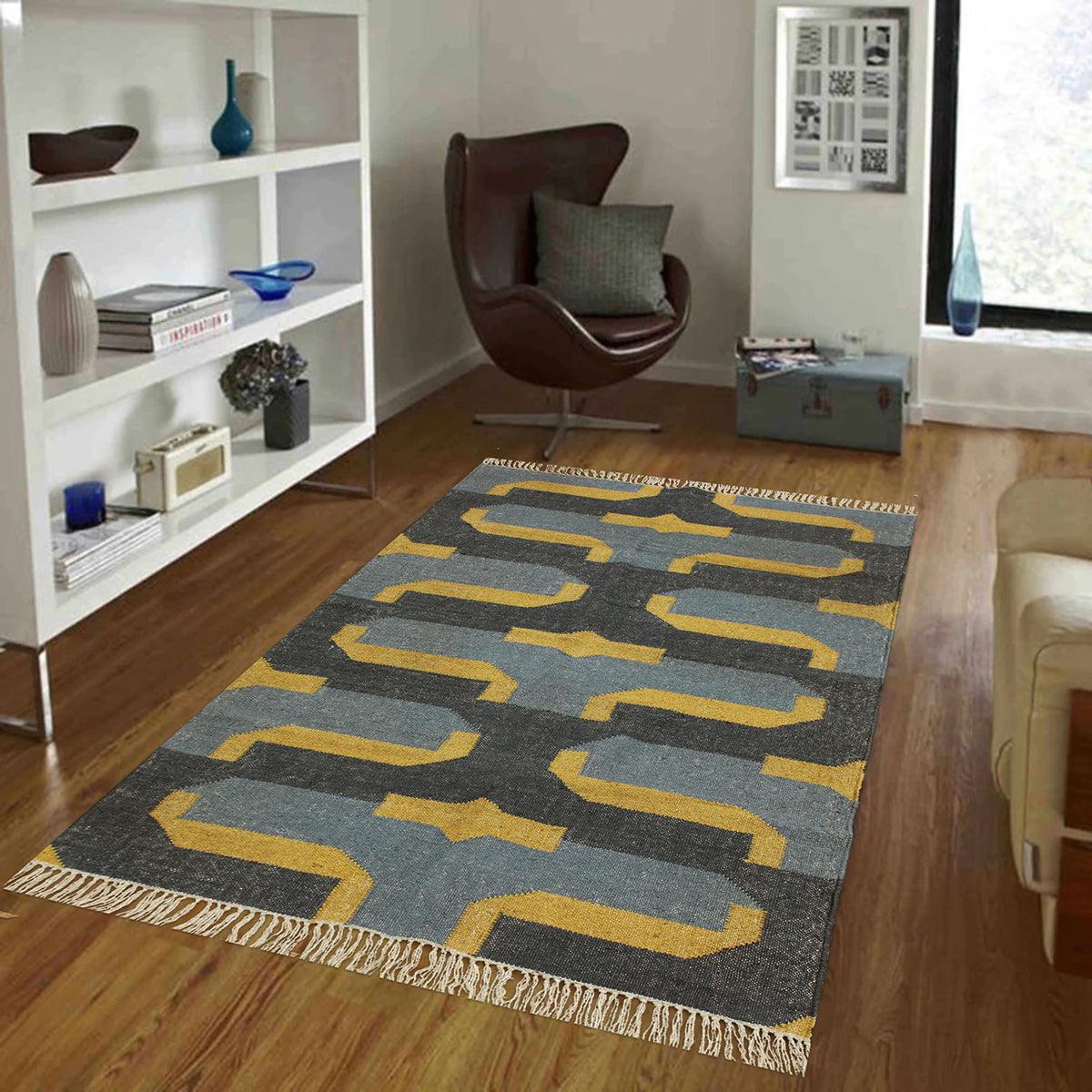 Indian Hand Woven Geometric Black Yellow Trendy Wool Jute Rug