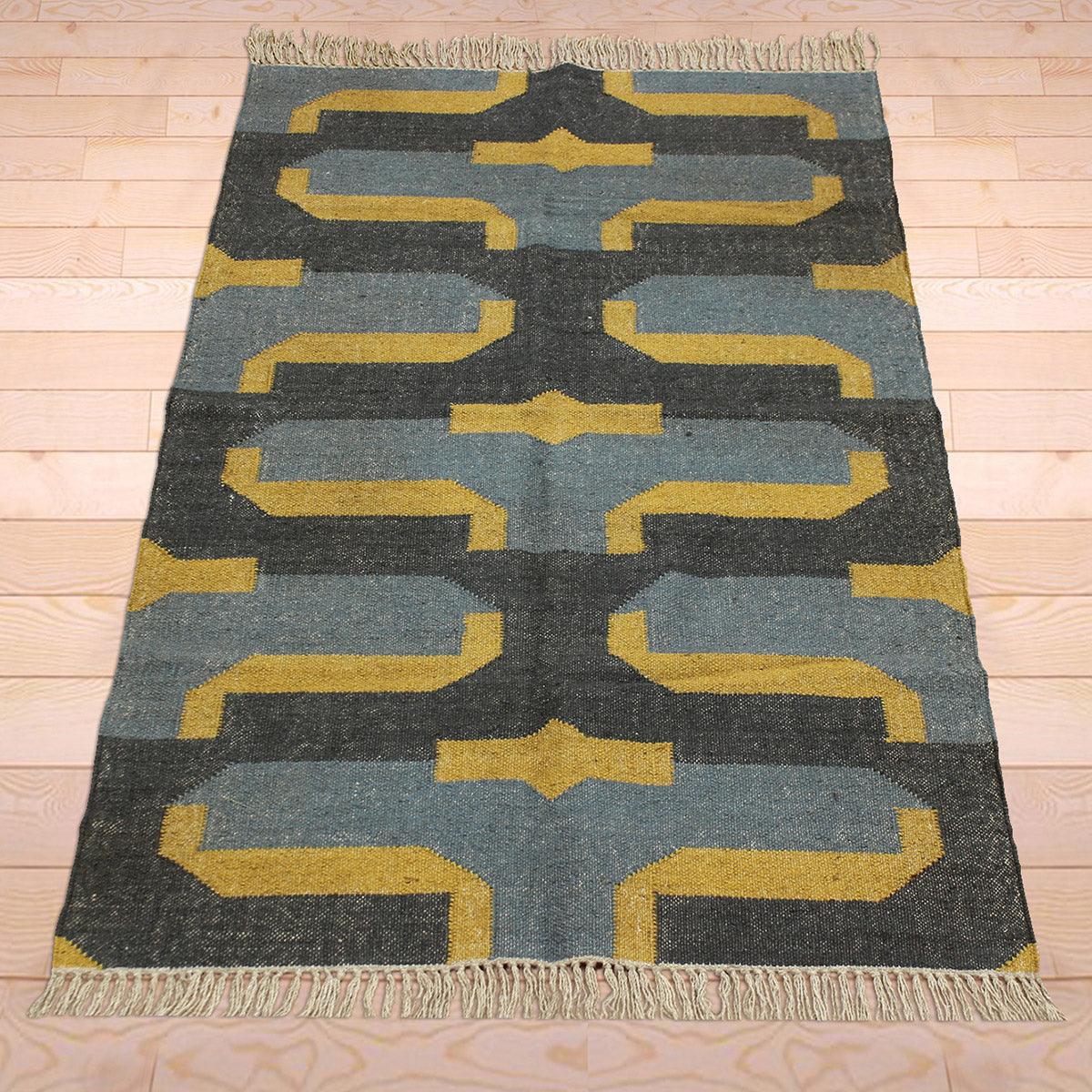 Indian Hand Woven Geometric Black Yellow Trendy Wool Jute Rug