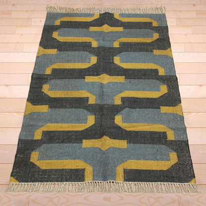 Indian Hand Woven Geometric Black Yellow Trendy Wool Jute Rug