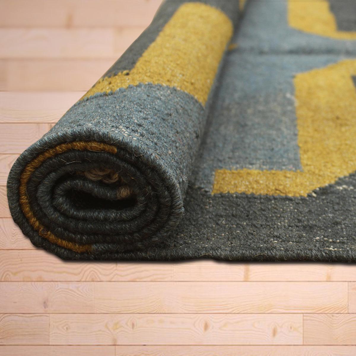 Indian Hand Woven Geometric Black Yellow Trendy Wool Jute Rug