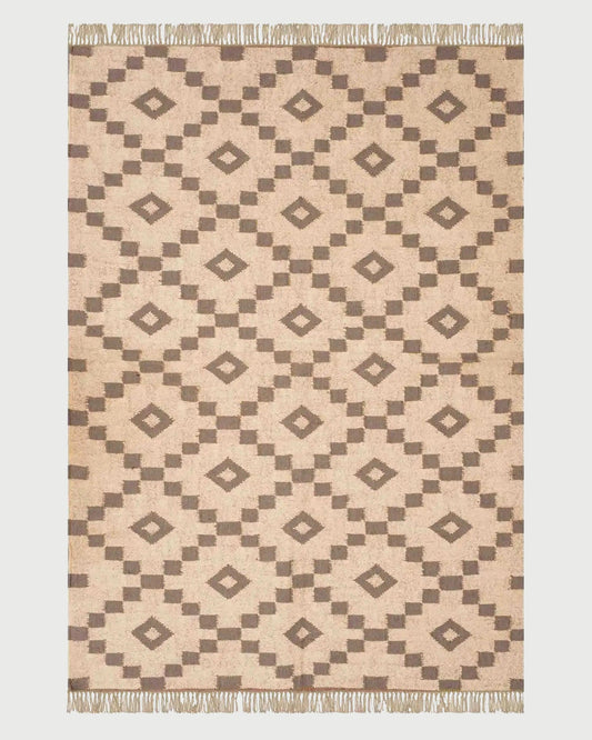 Indian Hand Woven Geometric Beige Brown Trendy Wool Jute Rug