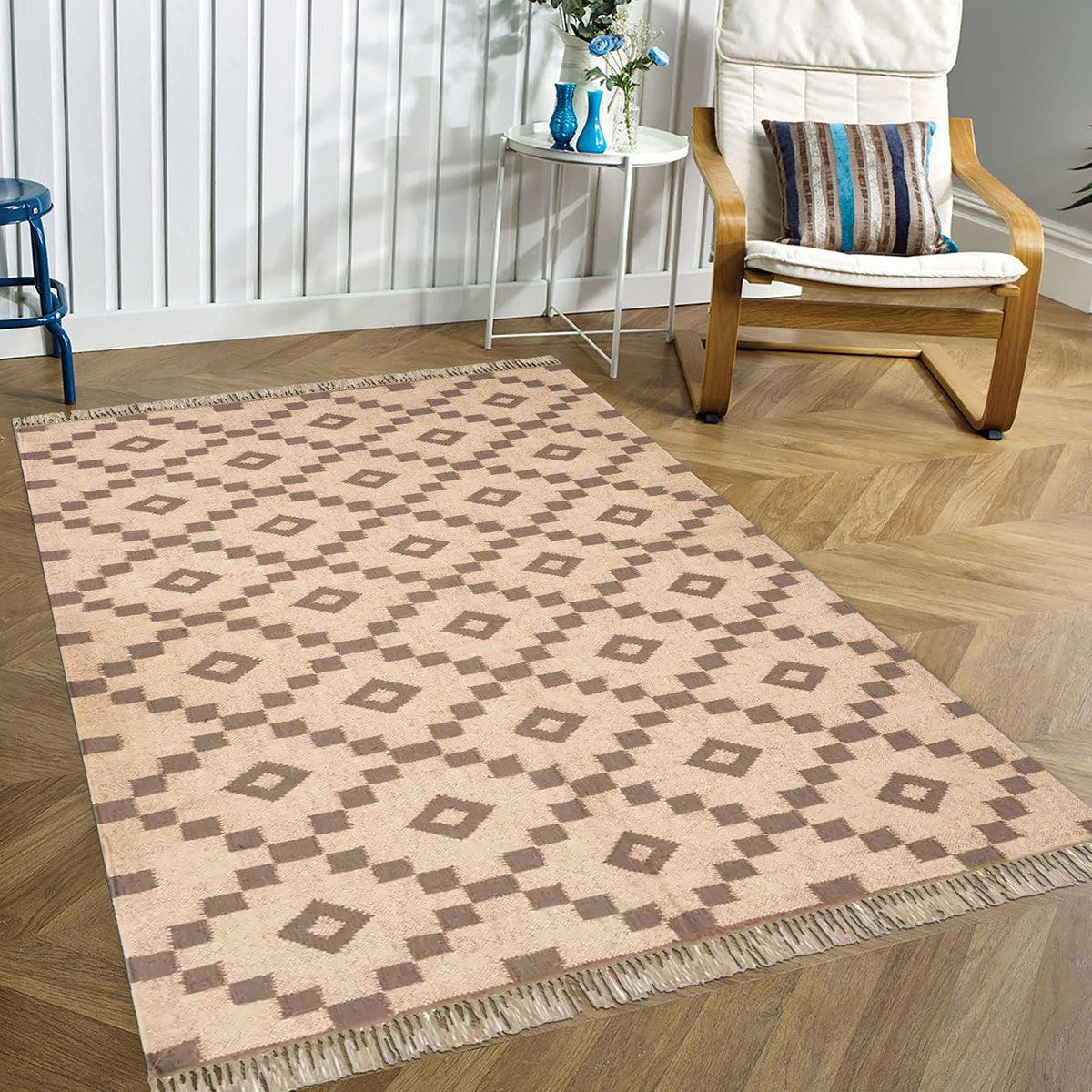 Indian Hand Woven Geometric Beige Brown Trendy Wool Jute Rug