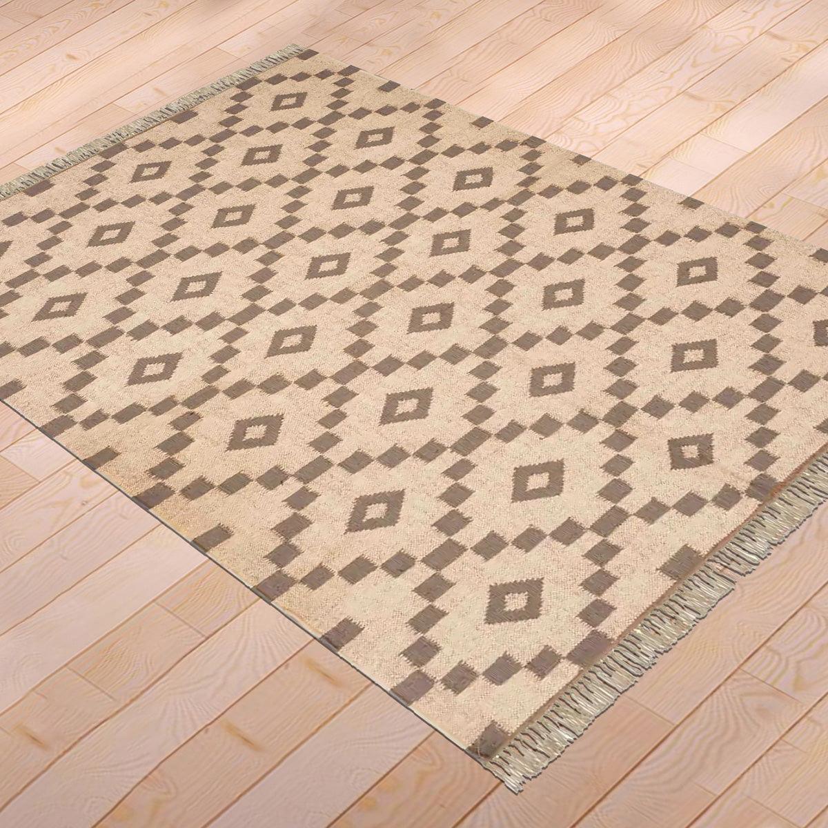 Indian Hand Woven Geometric Beige Brown Trendy Wool Jute Rug