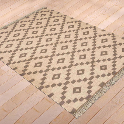 Indian Hand Woven Geometric Beige Brown Trendy Wool Jute Rug