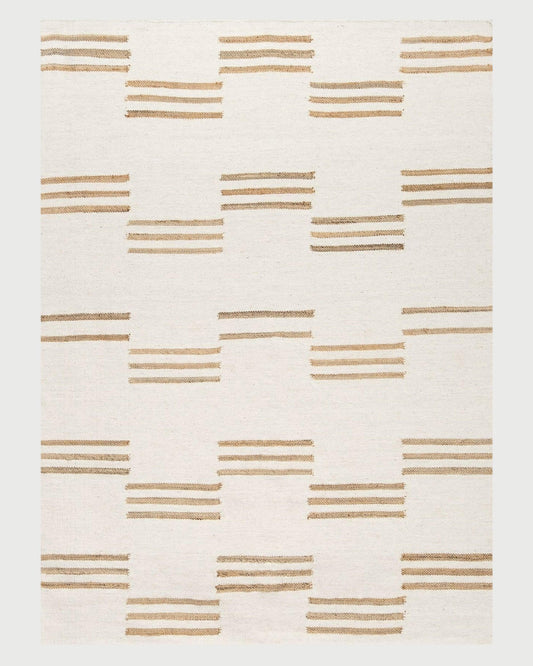 Indian Hand Woven Geometric White Brown Trendy Wool Jute Rug