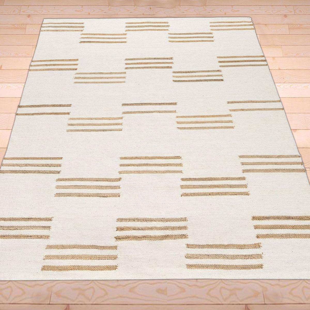 Indian Hand Woven Geometric White Brown Trendy Wool Jute Rug