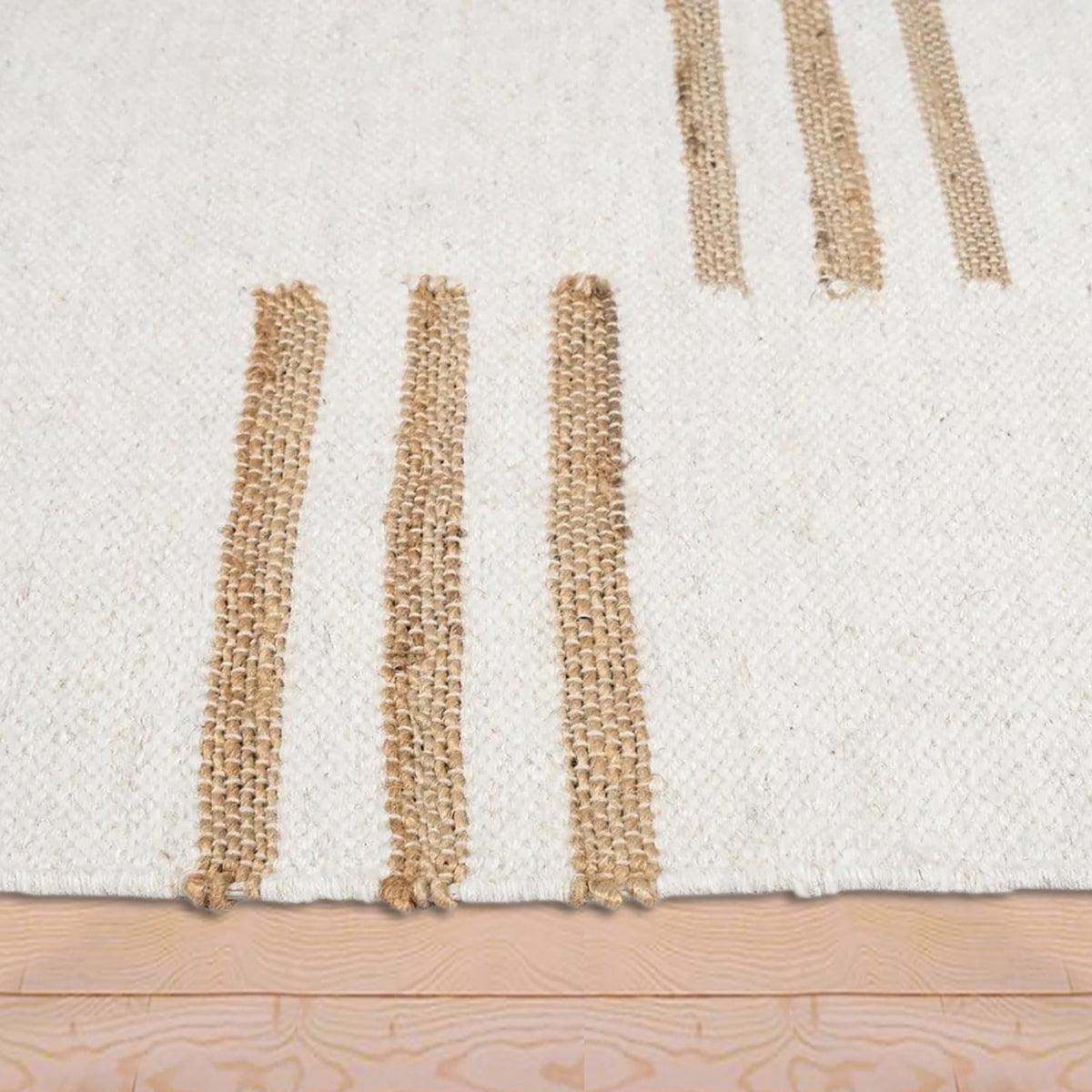 Indian Hand Woven Geometric White Brown Trendy Wool Jute Rug