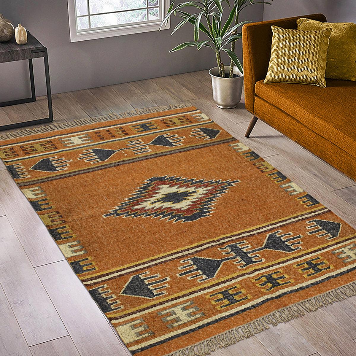 Indian Hand Woven Geometric Orange Black Trendy Wool Jute Rug