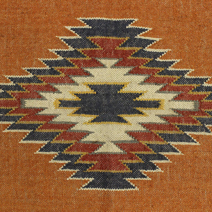 Indian Hand Woven Geometric Orange Black Trendy Wool Jute Rug