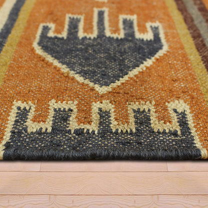 Indian Hand Woven Geometric Orange Black Trendy Wool Jute Rug