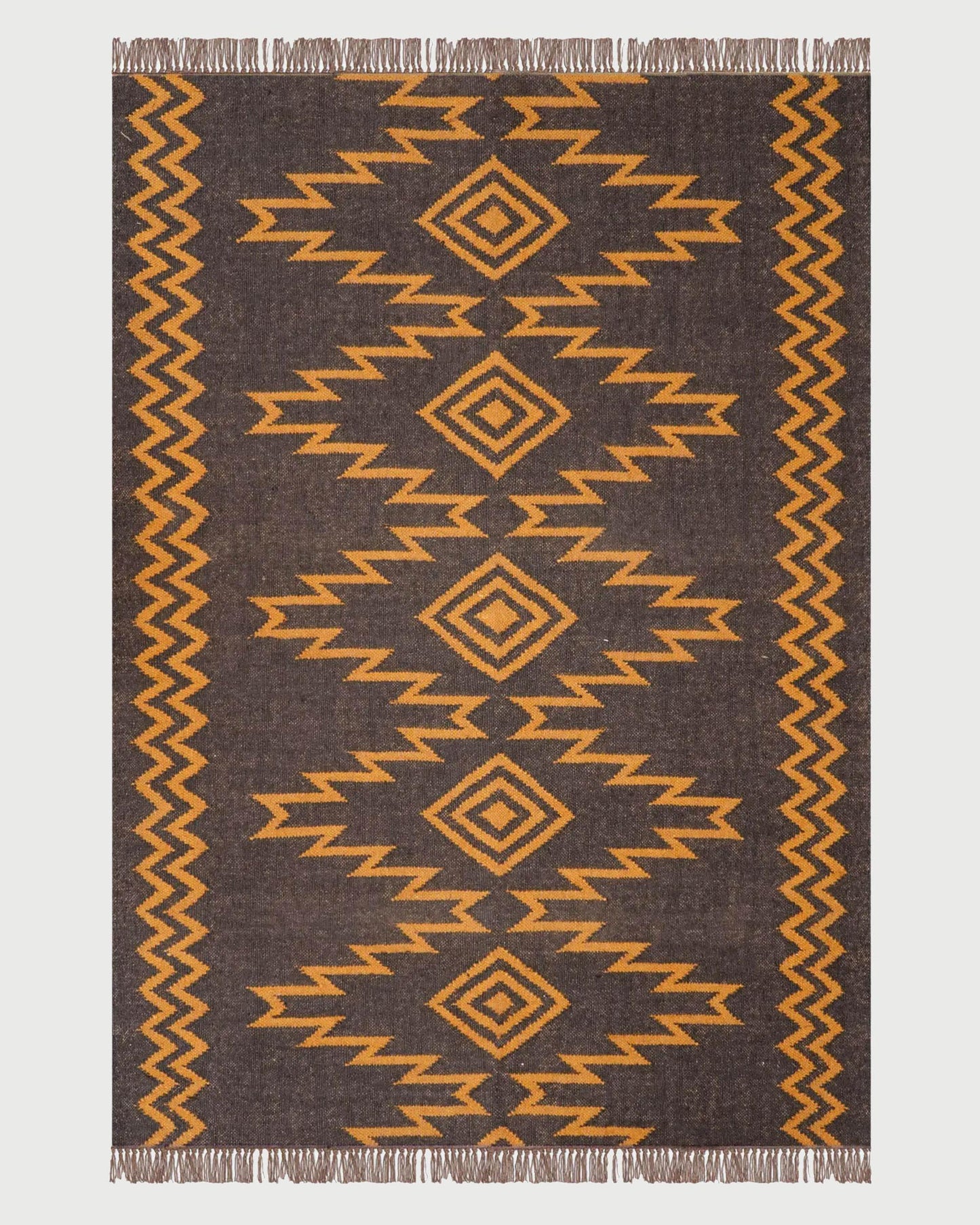 Indian Hand Woven Geometric Black Orange Trendy Wool Jute Rug