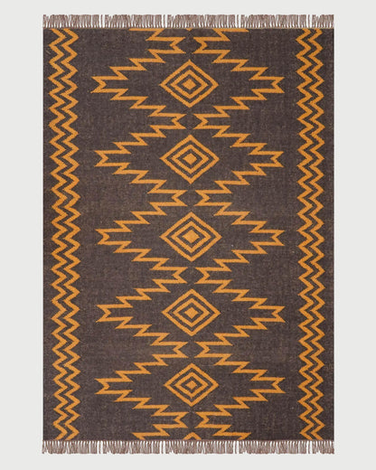 Indian Hand Woven Geometric Black Orange Trendy Wool Jute Rug