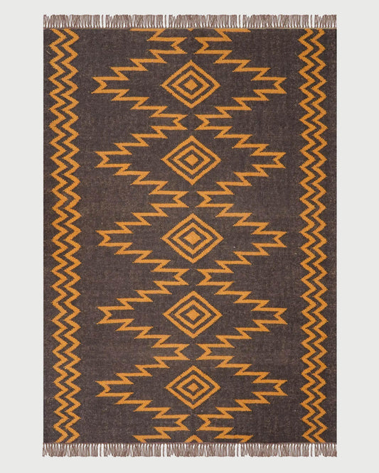 Indian Hand Woven Geometric Black Orange Trendy Wool Jute Rug