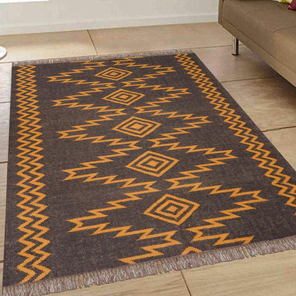 Indian Hand Woven Geometric Black Orange Trendy Wool Jute Rug