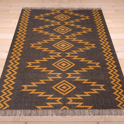 Indian Hand Woven Geometric Black Orange Trendy Wool Jute Rug