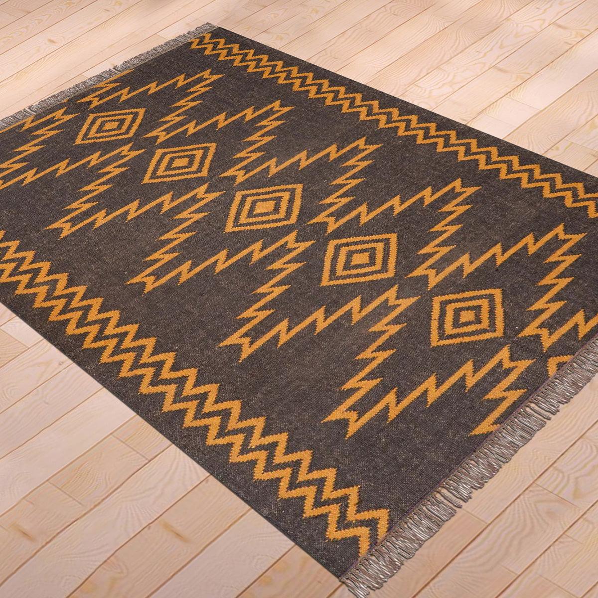 Indian Hand Woven Geometric Black Orange Trendy Wool Jute Rug