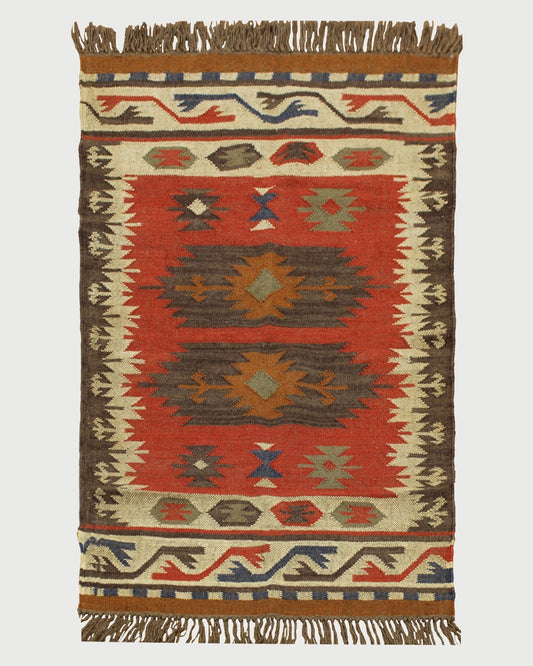 Indian Hand Woven Geometric Multicolor Brown Trendy Wool Jute Rug