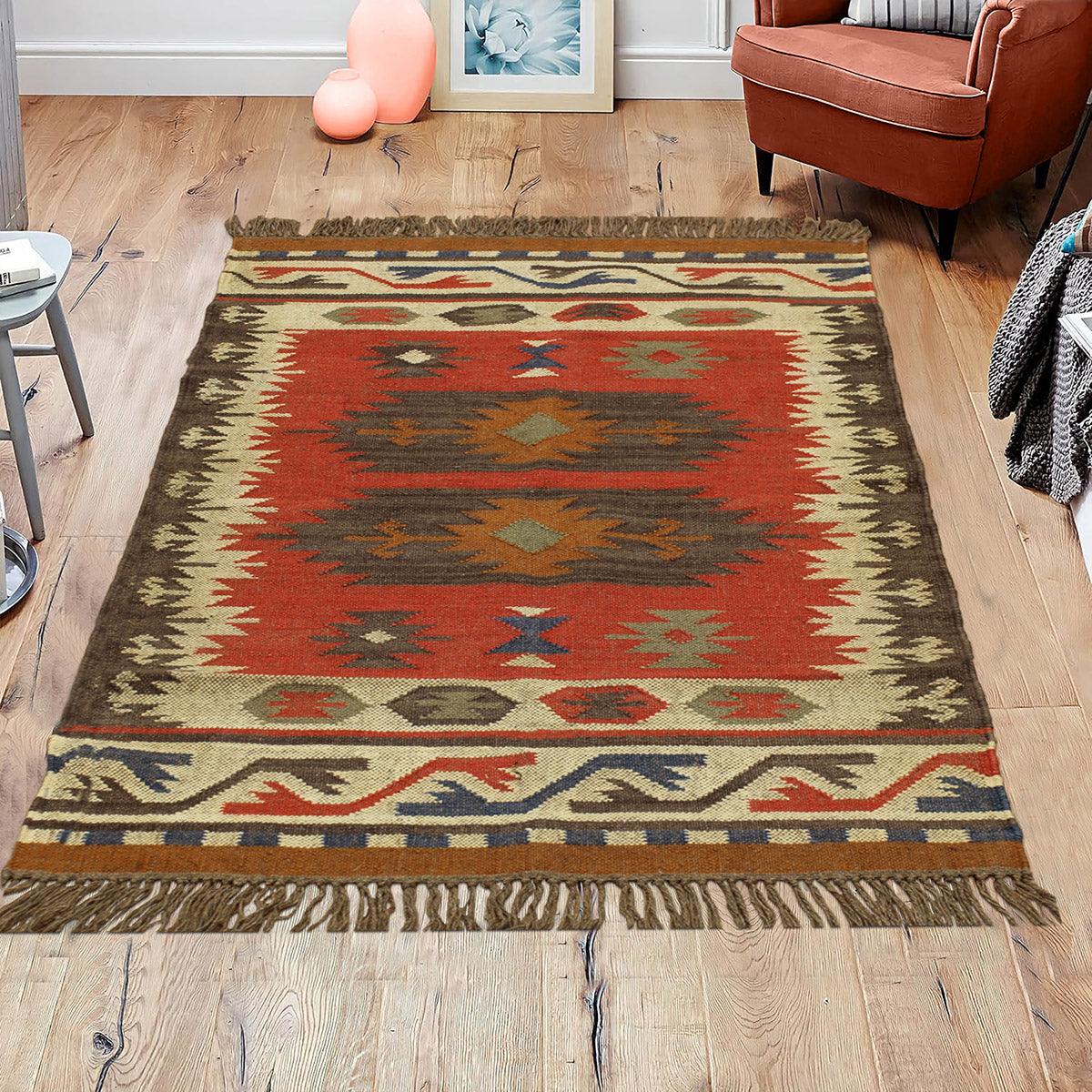 Indian Hand Woven Geometric Multicolor Brown Trendy Wool Jute Rug