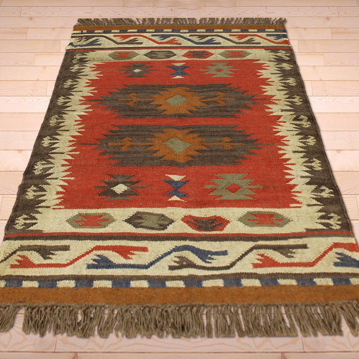 Indian Hand Woven Geometric Multicolor Brown Trendy Wool Jute Rug