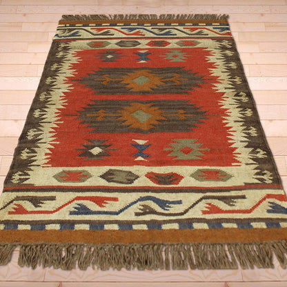 Indian Hand Woven Geometric Multicolor Brown Trendy Wool Jute Rug