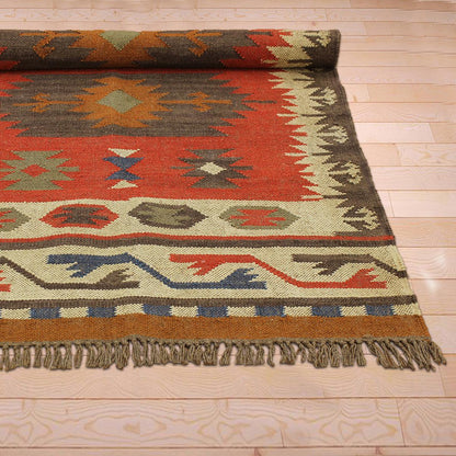 Indian Hand Woven Geometric Multicolor Brown Trendy Wool Jute Rug