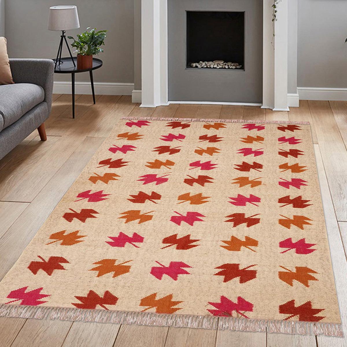 Indian Hand Woven Geometric Brown Multicolor Trendy Wool Jute Rug