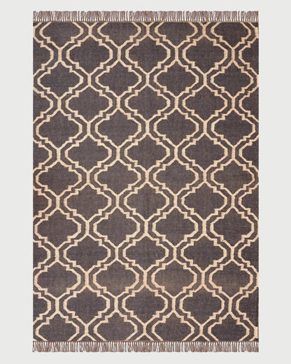 Black Brown Indian Hand Woven Geometric Trendy Wool Jute Rug