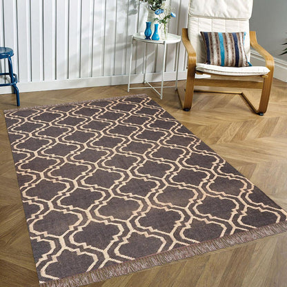 Black Brown Indian Hand Woven Geometric Trendy Wool Jute Rug