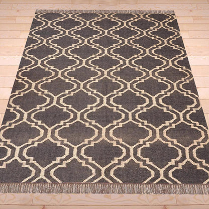 Black Brown Indian Hand Woven Geometric Trendy Wool Jute Rug