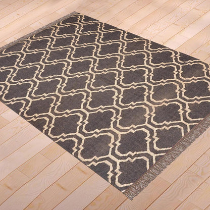 Black Brown Indian Hand Woven Geometric Trendy Wool Jute Rug