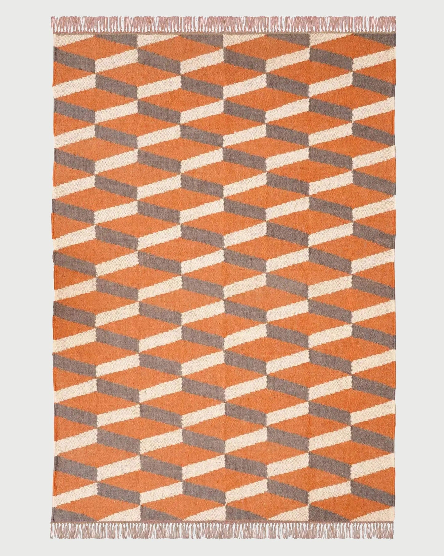 Orange Brown Indian Hand Woven Geometric Trendy Wool Jute Rug