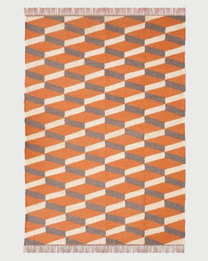 Orange Brown Indian Hand Woven Geometric Trendy Wool Jute Rug