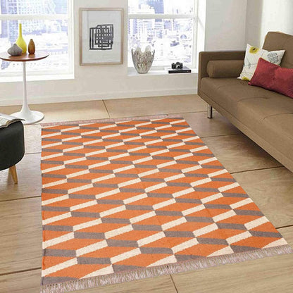 Orange Brown Indian Hand Woven Geometric Trendy Wool Jute Rug