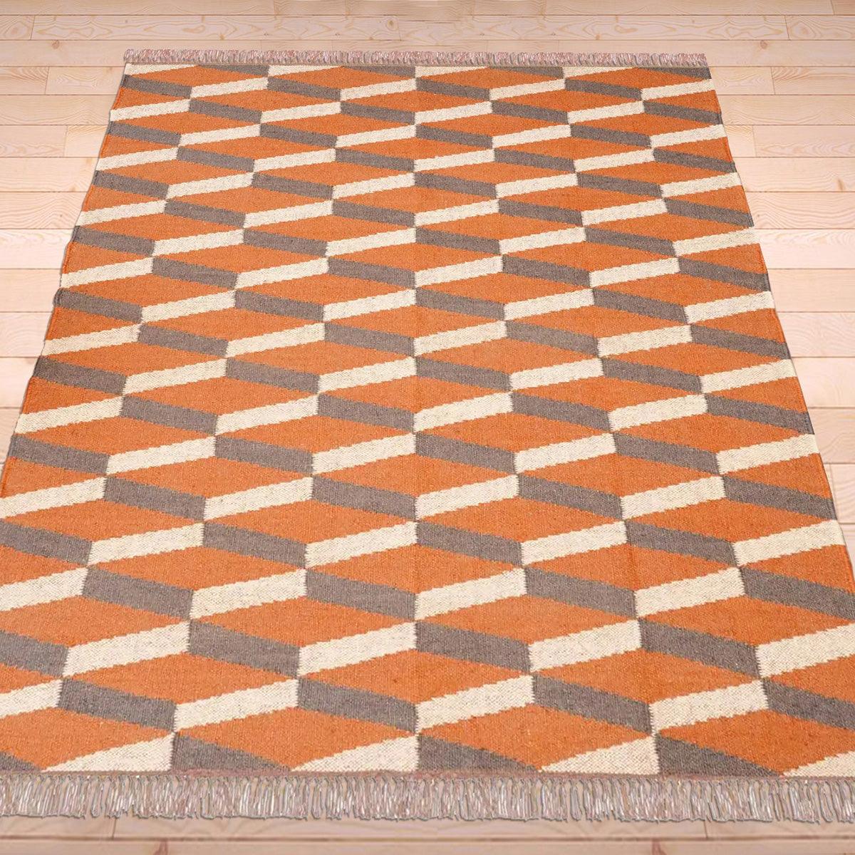 Orange Brown Indian Hand Woven Geometric Trendy Wool Jute Rug