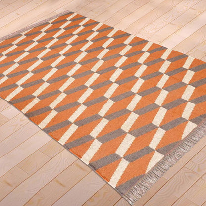 Orange Brown Indian Hand Woven Geometric Trendy Wool Jute Rug