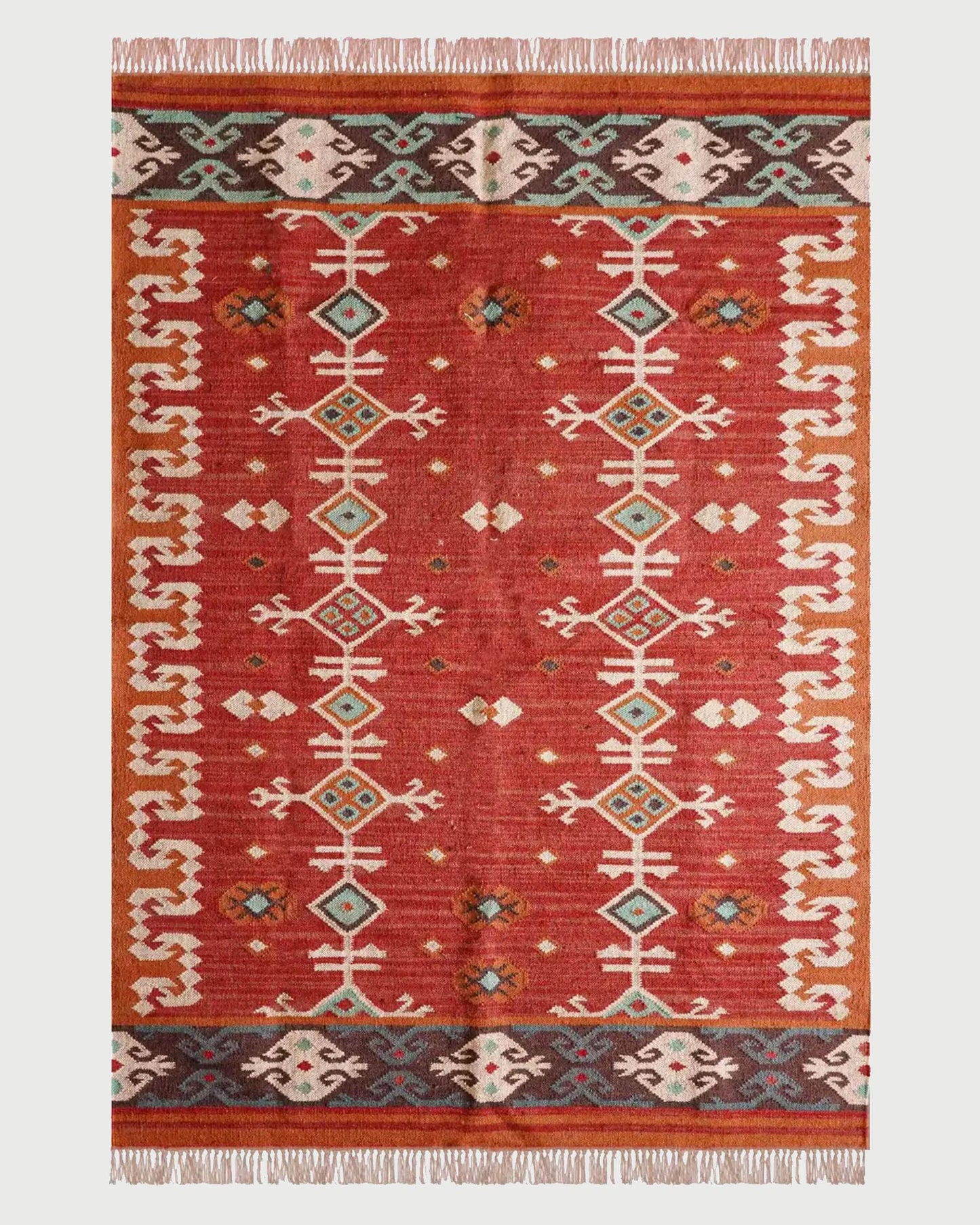 Red White Indian Hand Woven Geometric Trendy Wool Jute Rug