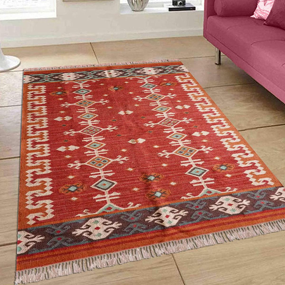 Red White Indian Hand Woven Geometric Trendy Wool Jute Rug