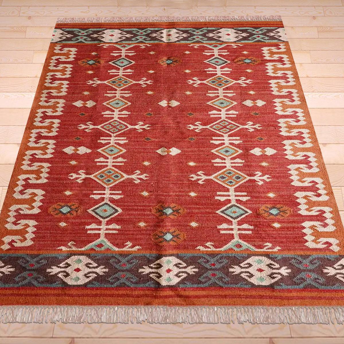 Red White Indian Hand Woven Geometric Trendy Wool Jute Rug