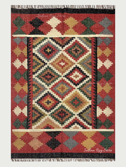 Multicolor Indian Hand Woven Geometric Farmhouse Wool Jute Rug