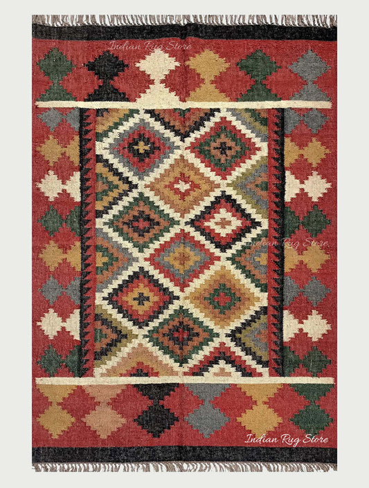 Multicolor Indian Hand Woven Geometric Farmhouse Wool Jute Rug