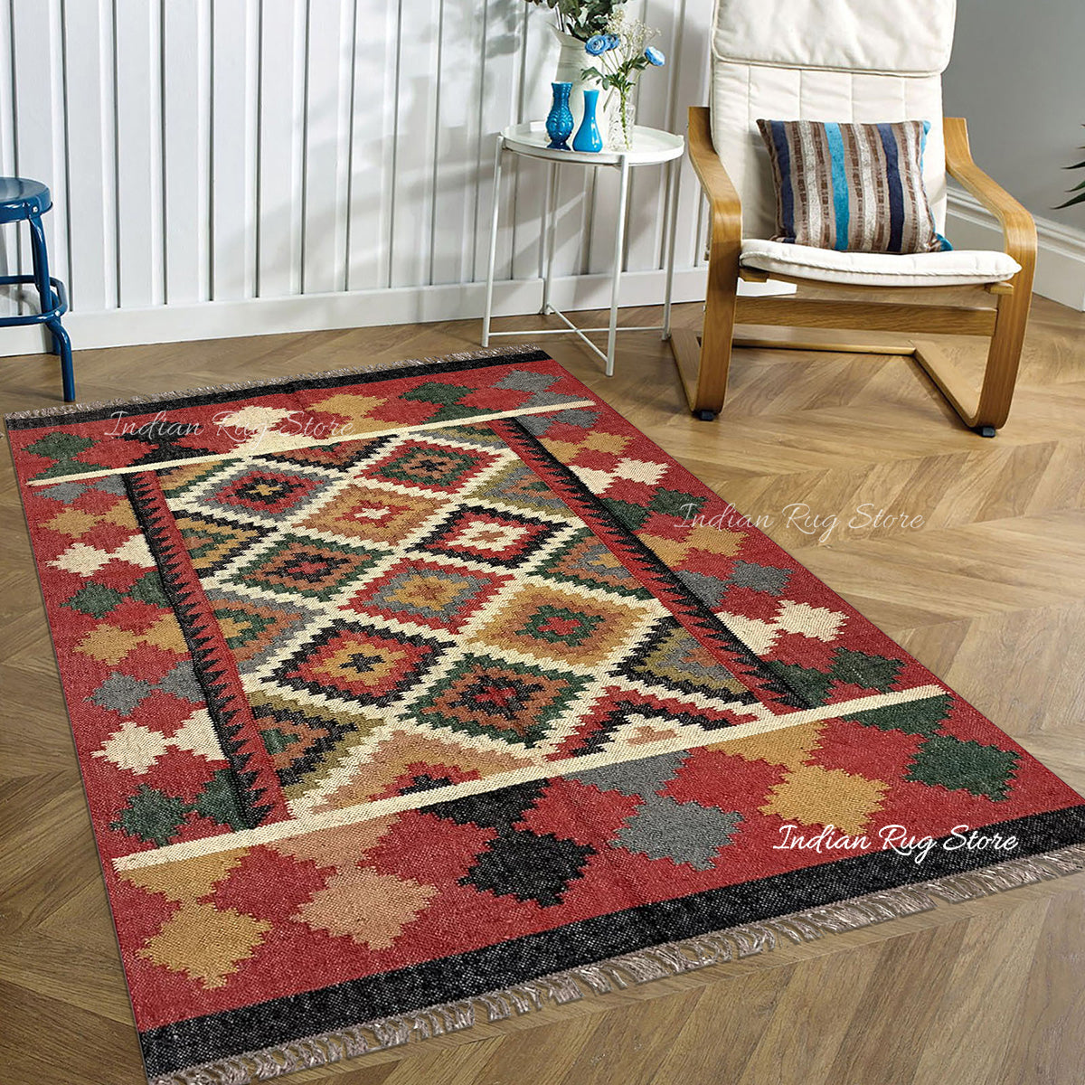 Multicolor Indian Hand Woven Geometric Farmhouse Wool Jute Rug