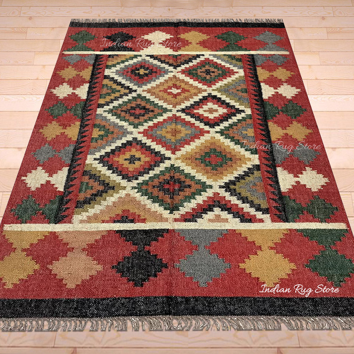 Multicolor Indian Hand Woven Geometric Farmhouse Wool Jute Rug