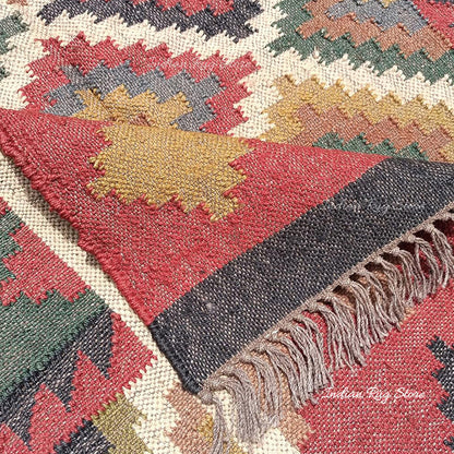 Multicolor Indian Hand Woven Geometric Farmhouse Wool Jute Rug